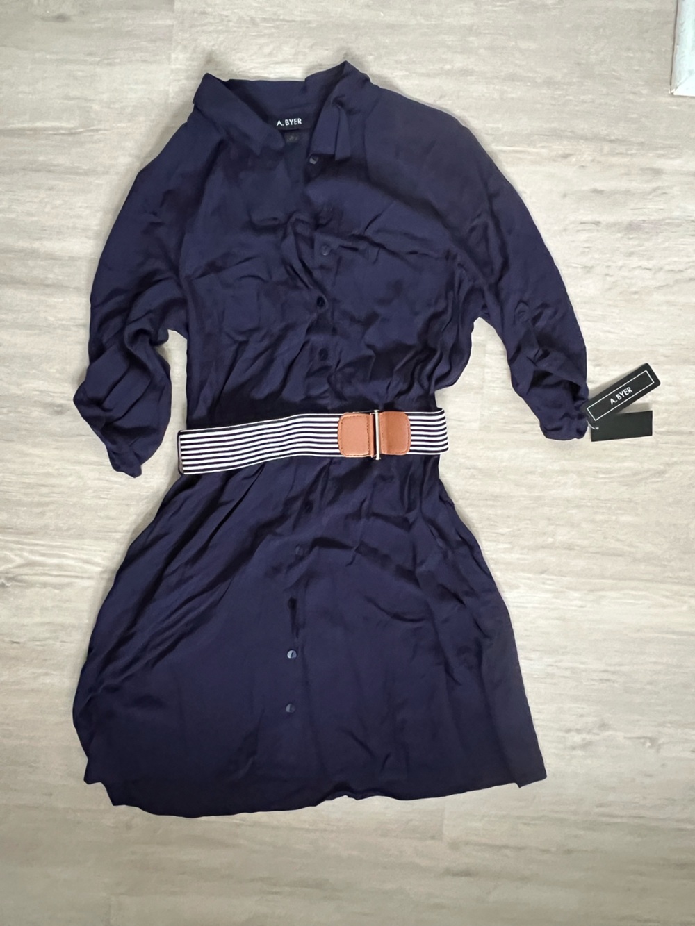 A. Byer Navy Button-Up Shirt Dress with Belt NWT Medium Long Sleeve